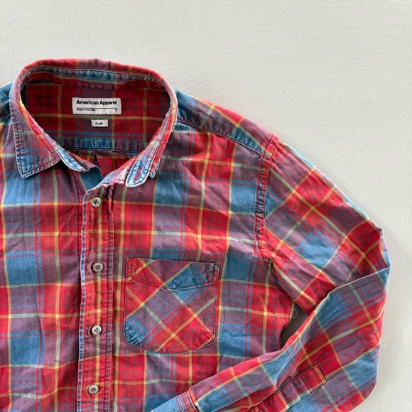 American Apparel Button Down Long Sleeve Red & Blue Plaid Cotton Unisex Shirt - Picture 4 of 7